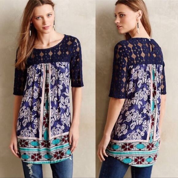 Akemi + Kin Anthropologie Maite navy blue multicolor tunic top size S - Picture 1 of 13